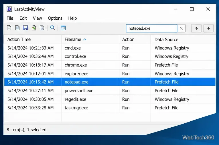 LastActivityView filtered to a notepad.exe row, with the Filename column sorted