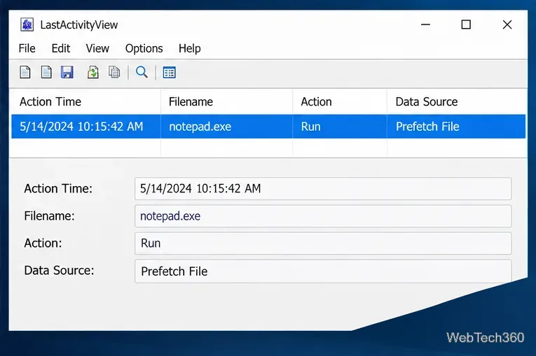 Selected LastActivityView record showing its Action Time, executable filename, Run action, and Prefetch File data source