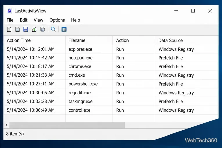 LastActivityView activity table with Action Time, Filename, Action, and Data Source columns