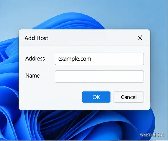 An example Add Host form with example.com in the Address field and a separate Name field.