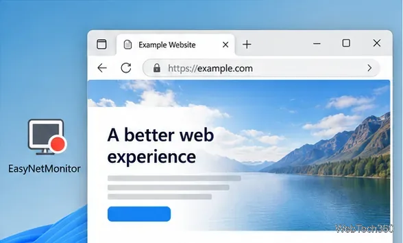A red EasyNetMonitor ping indicator beside a browser displaying a loaded example website.