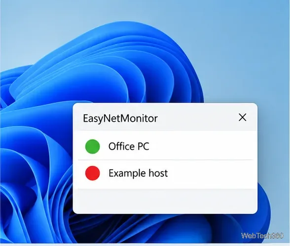 EasyNetMonitor host list with a green Office PC indicator and a red Example host indicator.