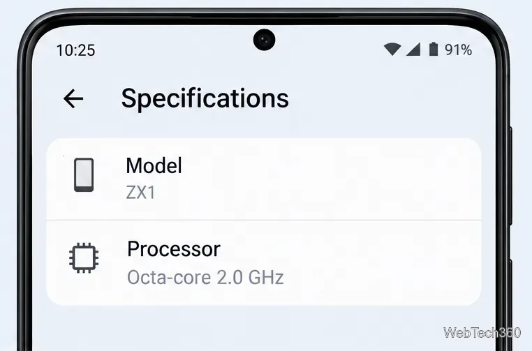 Ecranul cu specificații generice Android care afișează câmpurile pentru model și procesor