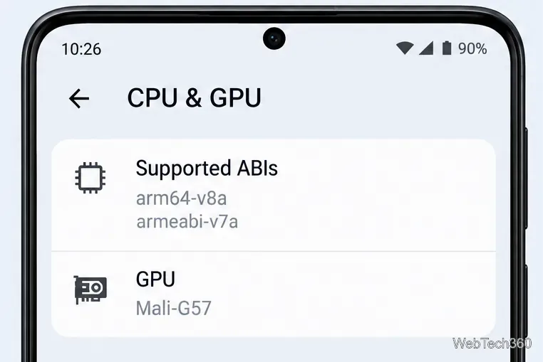 Ecranul cu informații generice despre dispozitivele Android care listează arm64-v8a și armeabi-v7a în secțiunea ABI-uri acceptate