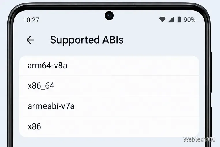 Ecranul ABI-urilor generice suportate afișează arm64-v8a și x86_64 ca 64-bit alături de armeabi-v7a și x86 ca 32-bit