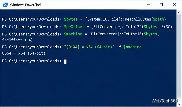 PowerShell считывает поле "машинный номер исполняемого файла" и отображает шестнадцатеричное значение вместе с его интерпретацией для архитектуры x64.
