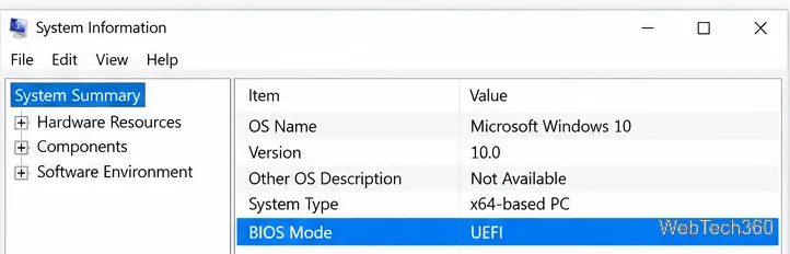Exemplo de informações do sistema: Resumo do sistema com a linha Modo BIOS destacada e seu valor definido como UEFI.