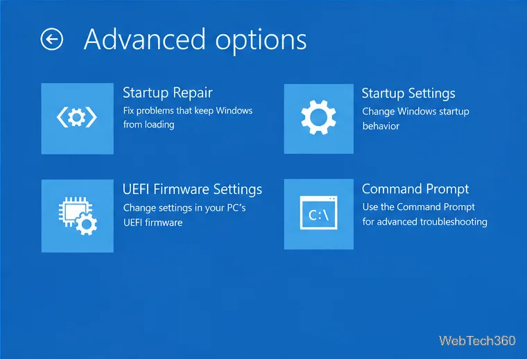 Tela de opções avançadas do Ambiente de Recuperação do Windows com um bloco de Configurações de Firmware UEFI