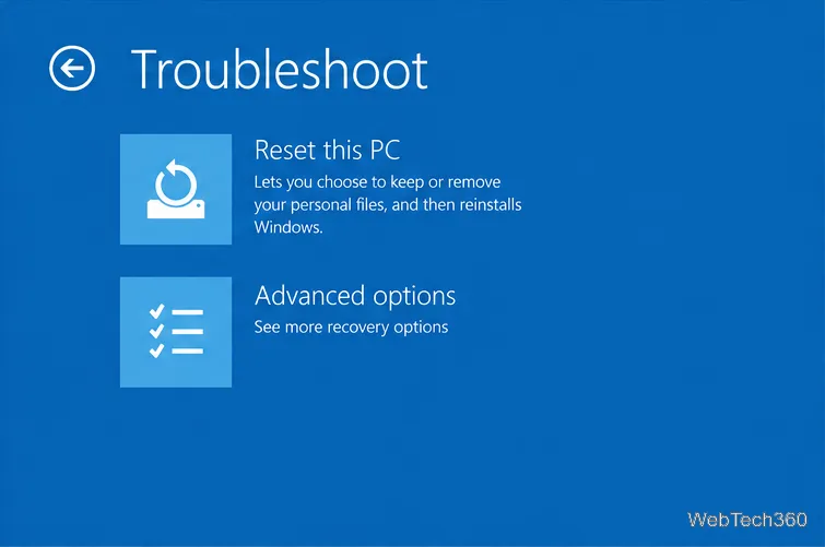 Tela de solução de problemas do Ambiente de Recuperação do Windows mostrando o bloco Opções avançadas