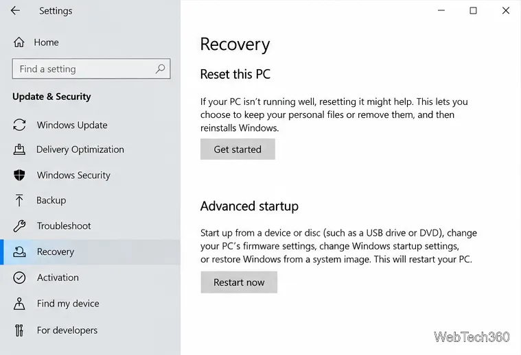 Página de recuperação das configurações do Windows 10 mostrando Inicialização avançada e o botão Reiniciar agora