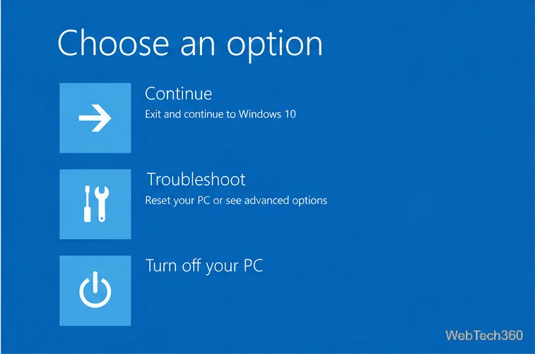 Ambiente de Recuperação do Windows. Selecione uma opção na tela com o bloco Solucionar problemas.