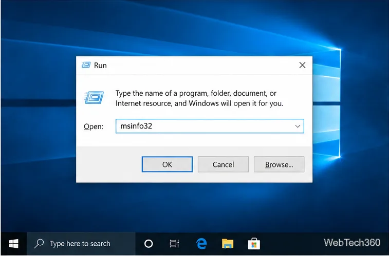 Diálogo Executar do Windows 10 com msinfo32 inserido no campo Abrir