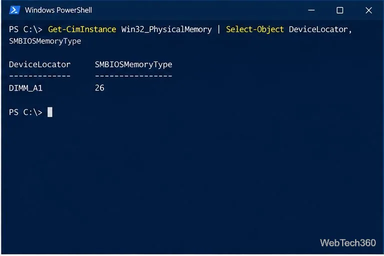 PowerShell command querying Win32_PhysicalMemory and returning SMBIOSMemoryType 26 for a RAM module.