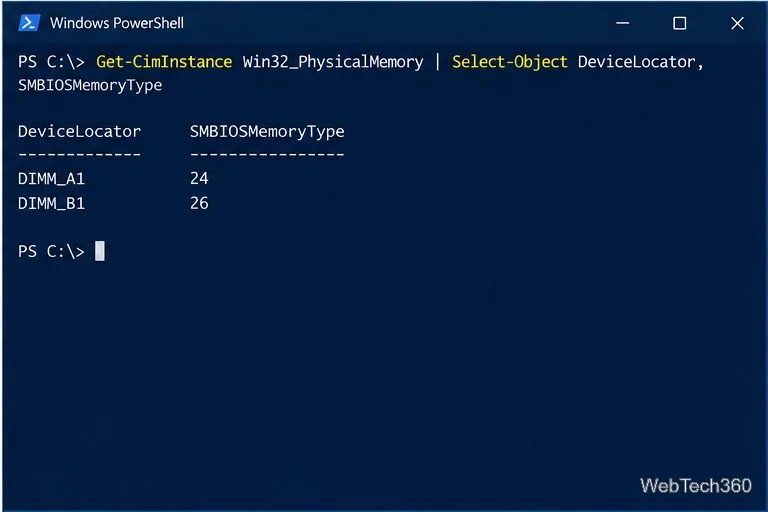 PowerShell output for two installed memory modules showing SMBIOS type codes 24 and 26.