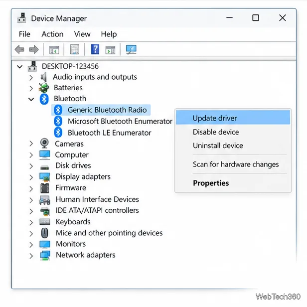 Gestione dispositivi di Windows 10 con Bluetooth espanso e l'opzione "Aggiorna driver" del menu contestuale dell'adattatore selezionata.