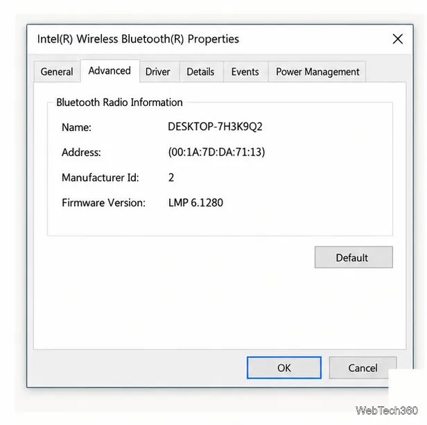 Finestra Proprietà dell'adattatore Bluetooth con la scheda Avanzate e Informazioni sulla radio Bluetooth visibili.