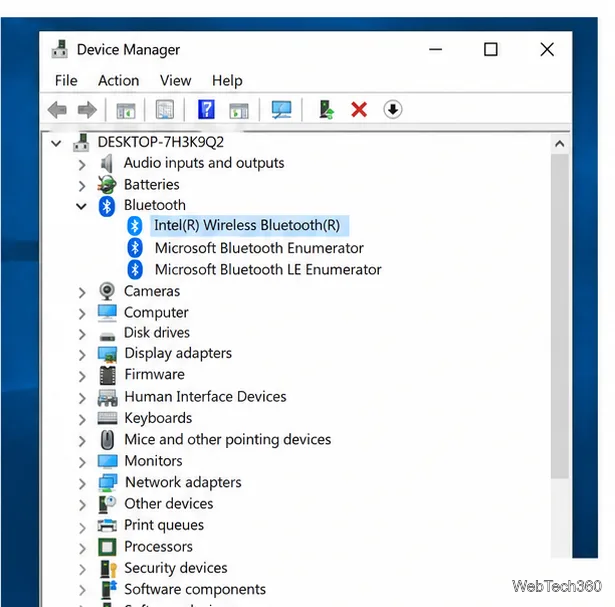 Gestione dispositivi con Bluetooth espanso e modulo radio Bluetooth del produttore evidenziato sopra le voci dell'enumeratore Microsoft.