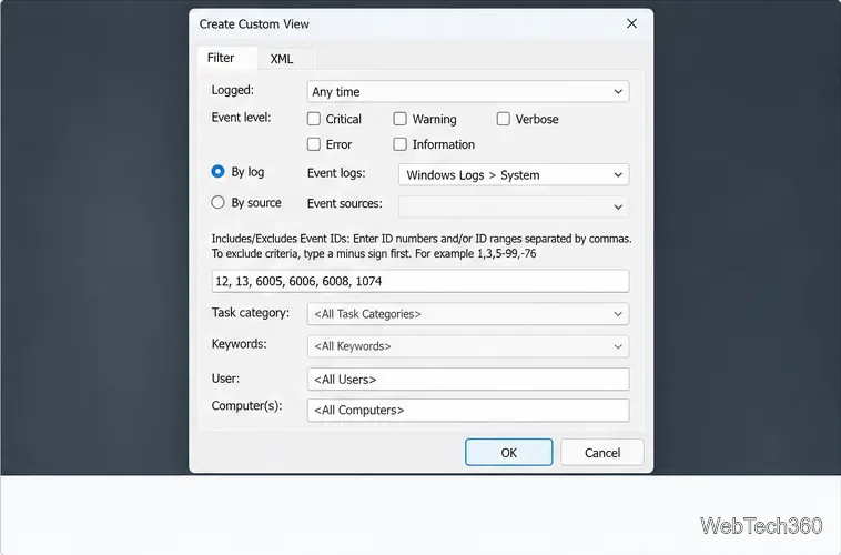 Create Custom View filter set to Windows Logs and System with event IDs 12, 13, 6005, 6006, 6008, and 1074.