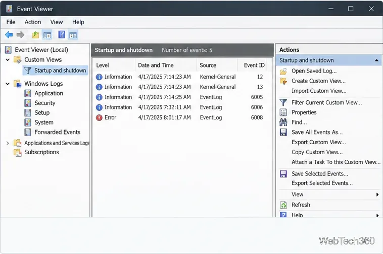 Saved Startup and shutdown custom view showing the Date and Time, Source, and Event ID columns.