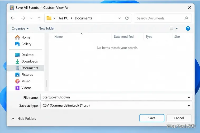 Save All Events in Custom View As dialog with CSV selected as the file type.