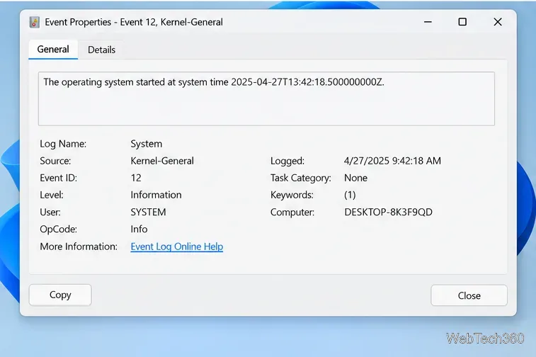 Event Properties window for Kernel-General Event ID 12, with the OS-started message and logged time.