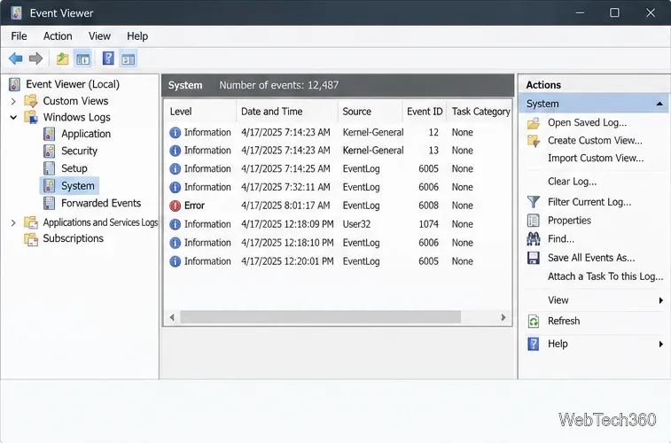 Event Viewer open to Windows Logs with the System log selected and startup and shutdown entries visible.