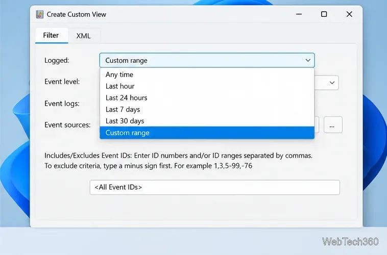Create Custom View dialog with the Logged menu open and Custom range highlighted.