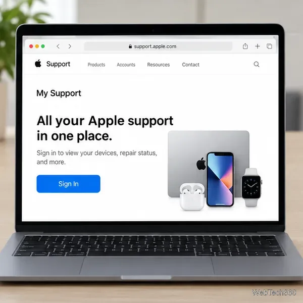 На ноутбуке отображается страница входа в систему Apple Support My Support с синей кнопкой «Войти».