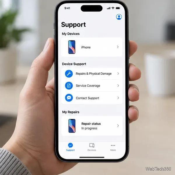 В руке я держу iPhone с открытым приложением Apple Support, на котором отображается информация о состоянии устройства после ремонта.