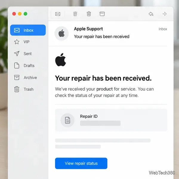 Электронное письмо от службы поддержки Apple, подтверждающее получение заявки на ремонт и содержащее поле «Идентификатор ремонта».