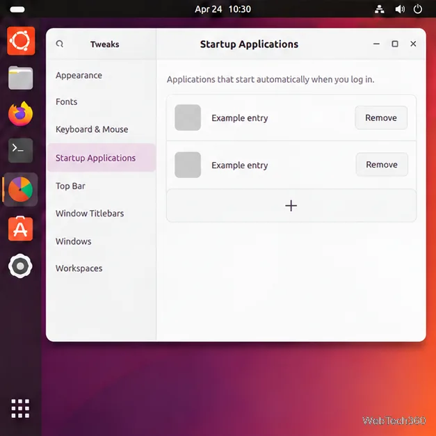 GNOME Tweaks Startup Applications page with example entries and Remove buttons