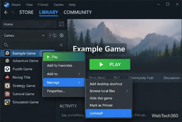 В меню «Управление библиотекой Steam» выделите команду «Удалить» (например, для одной из игр).
