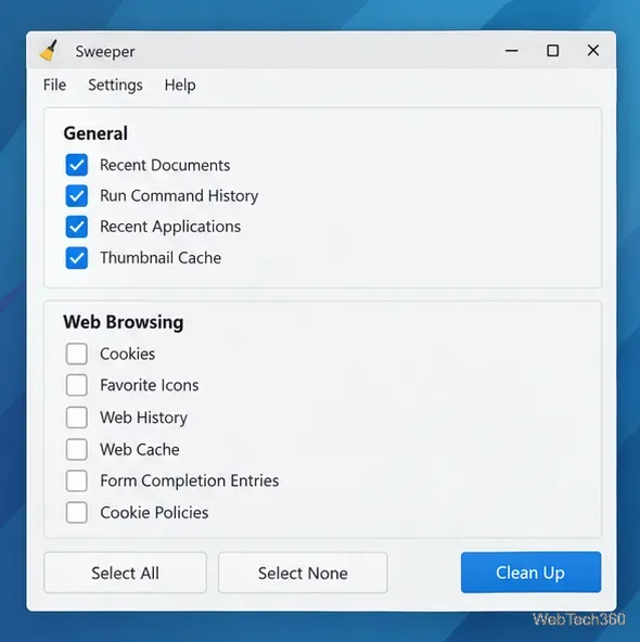 Sweeper with Recent Documents, Run Command History, Recent Applications, and Thumbnail Cache selected