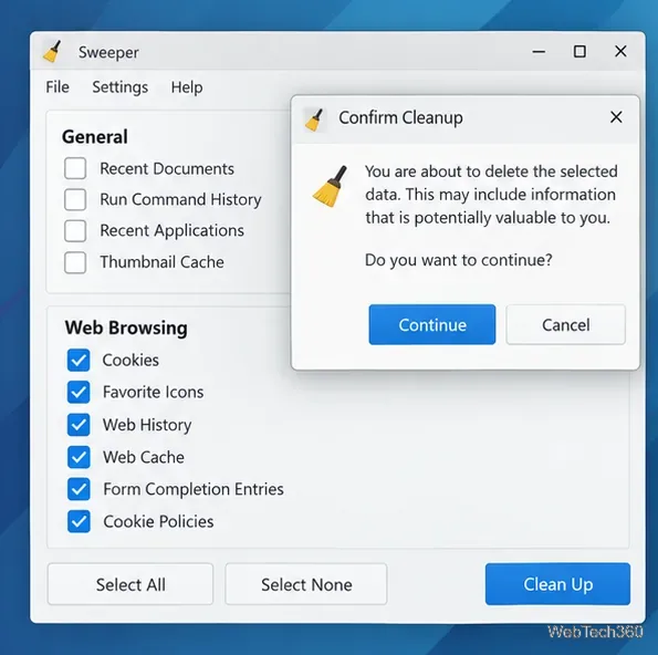 Sweeper with Web Browsing items selected and a cleanup confirmation dialog