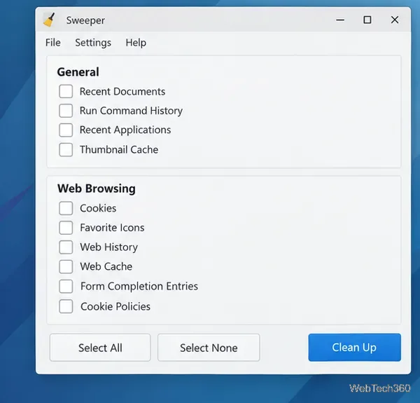 KDE Sweeper window showing General and Web Browsing cleanup categories