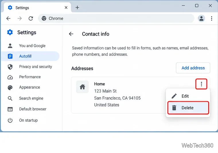 Chrome contact info settings showing a saved address and the Delete option