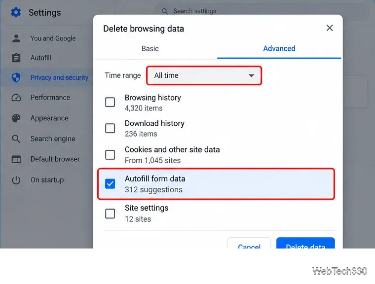 Chrome Delete browsing data dialog with Advanced and Autofill form data selected