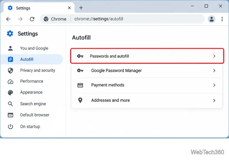 Chrome Autofill settings showing passwords, payment methods, and addresses options