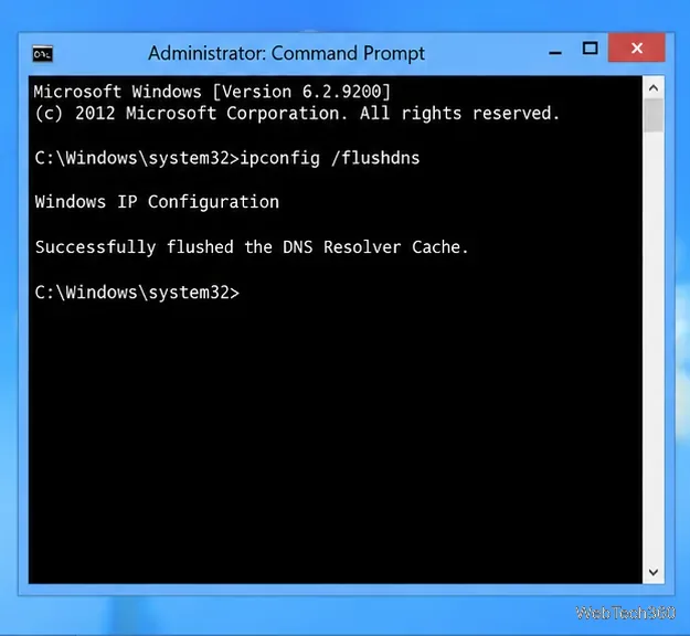 موجه الأوامر يعرض الأمر ipconfig /flushdns ورسالة الإكمال