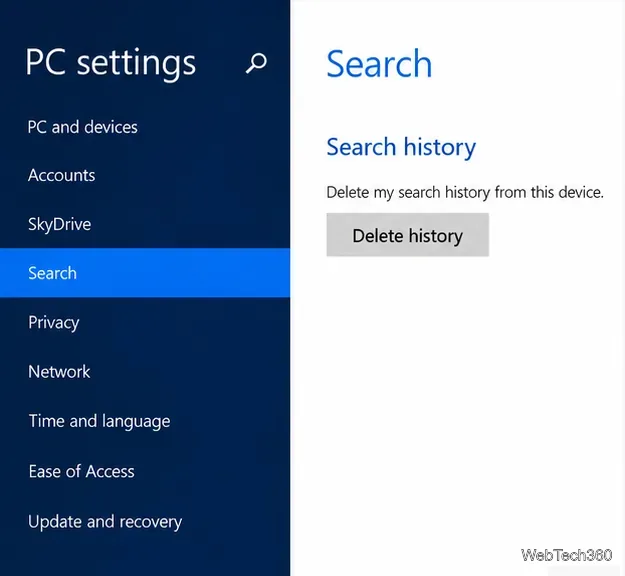 صفحة البحث في إعدادات جهاز الكمبيوتر الذي يعمل بنظام التشغيل Windows 8 مع عنصر تحكم حذف السجل