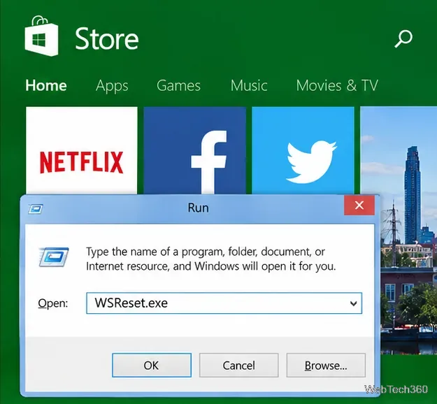 مربع حوار التشغيل في ويندوز مع إدخال WSReset.exe فوق تطبيق المتجر