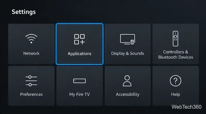 Fire TVの設定グリッドで、「アプリケーション」タイルがハイライト表示されている。