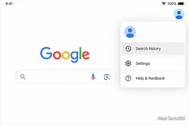 O menu de perfil do aplicativo Google no iPad inclui o histórico de pesquisa.