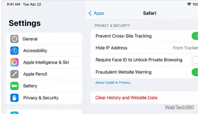 Nas configurações do Safari no iPad, é possível acessar a opção "Limpar histórico e dados de sites".
