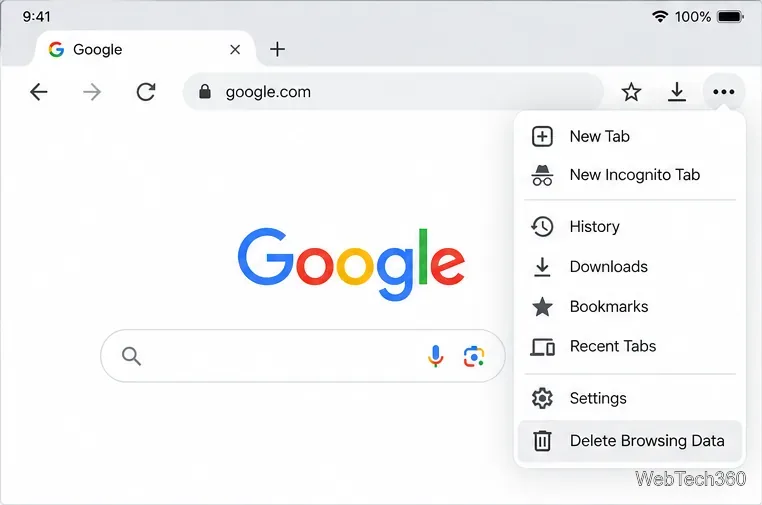 O menu "Mais" do Chrome no iPad inclui a opção "Excluir dados de navegação".