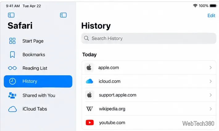 Na barra lateral do Safari para iPad, a opção Histórico está selecionada ao lado de uma lista de sites visitados recentemente.