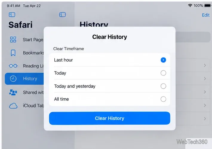 O painel Limpar Histórico do Safari lista os períodos de tempo e um botão Limpar Histórico.