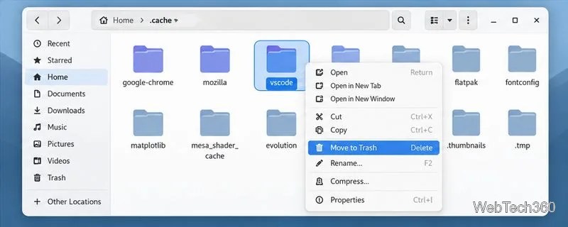 Ein Kontextmenü des Dateimanagers, in dem ein Cache-Unterordner ausgewählt und „In den Papierkorb verschieben“ hervorgehoben ist.