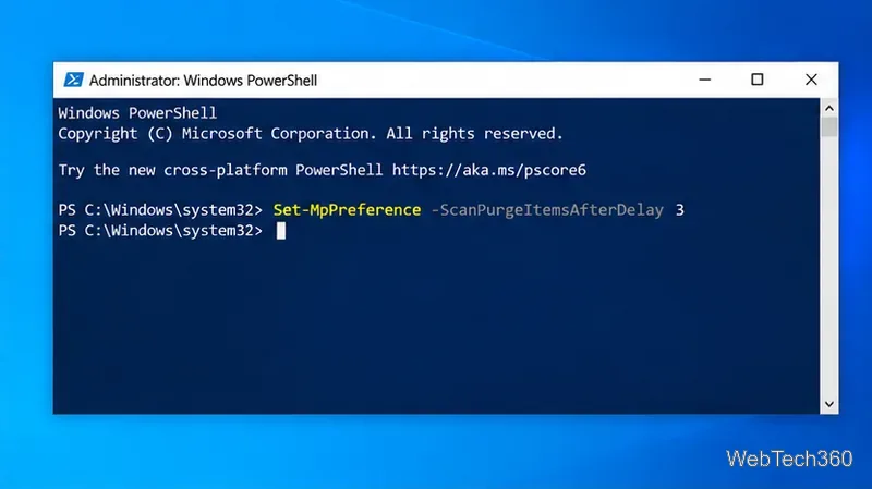 Администратор Windows PowerShell в Windows 10, выполняющий команду Set-MpPreference ScanPurgeItemsAfterDelay