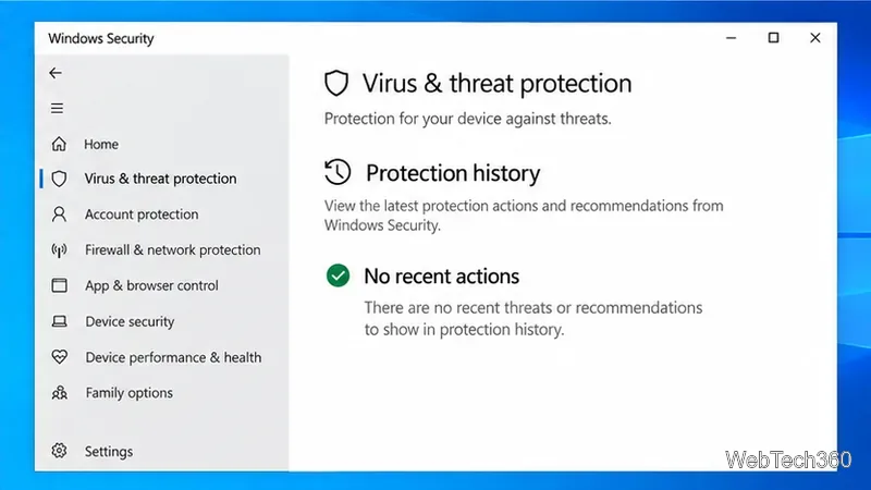 В истории действий по защите Windows отсутствуют недавние действия.